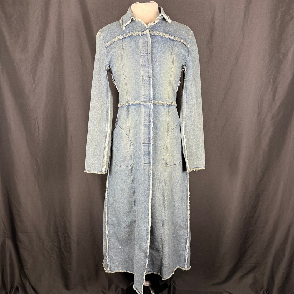 Vintage Younique Y2K Glitter Long Denim Duster Trench Jacket Dress Size L EUC